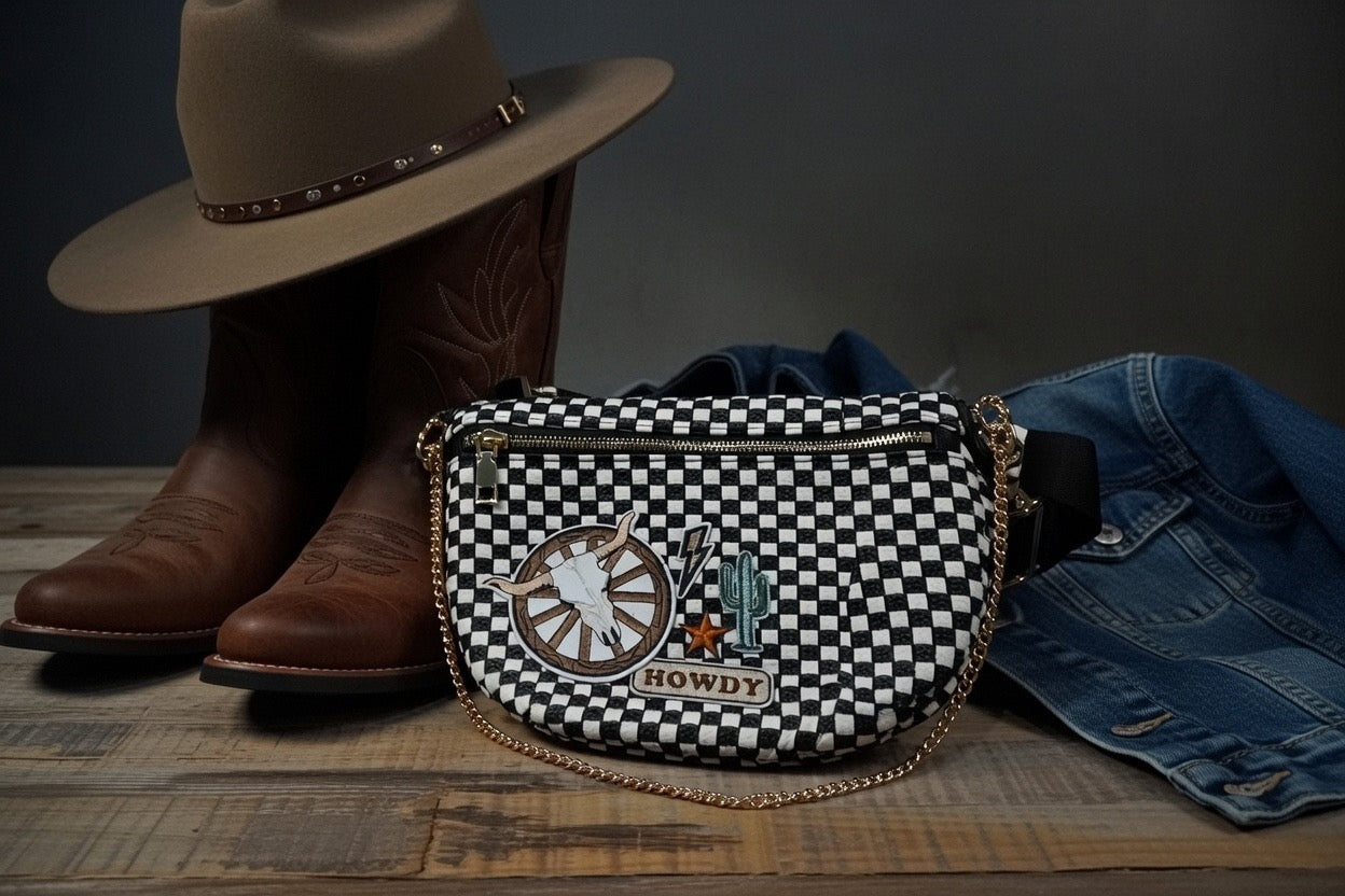 Black & White Checkered Howdy Bull Crossbody Bag
