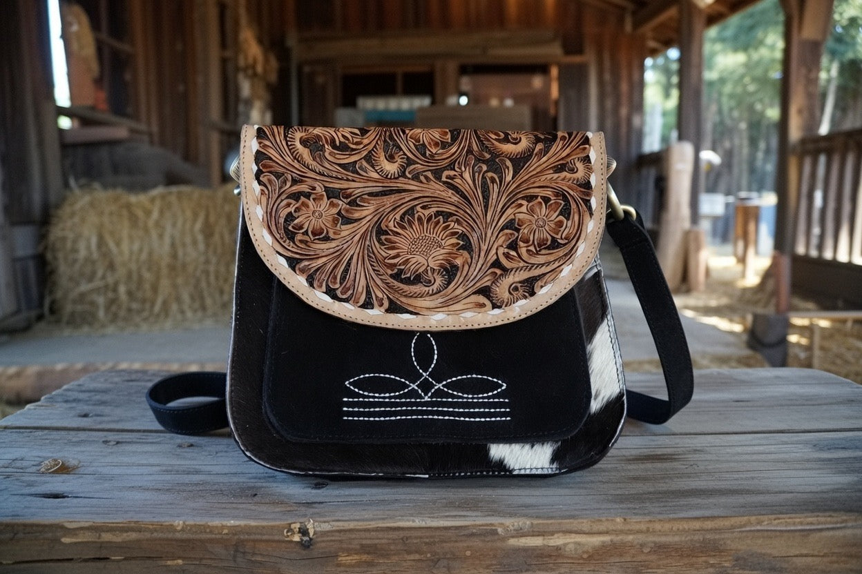 Cowhide Tooled Crossbody